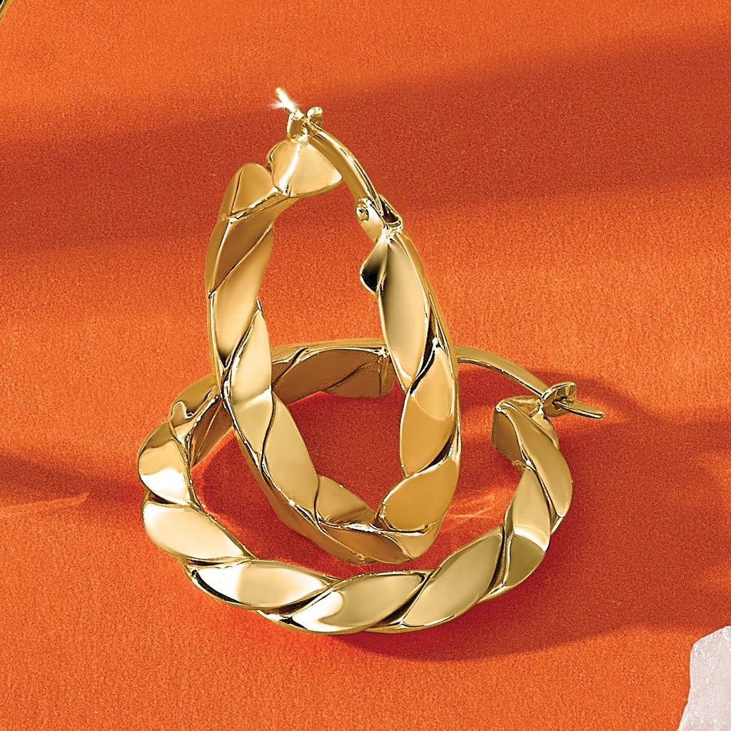14K Polished and Grooved Fancy Hoop Earrings