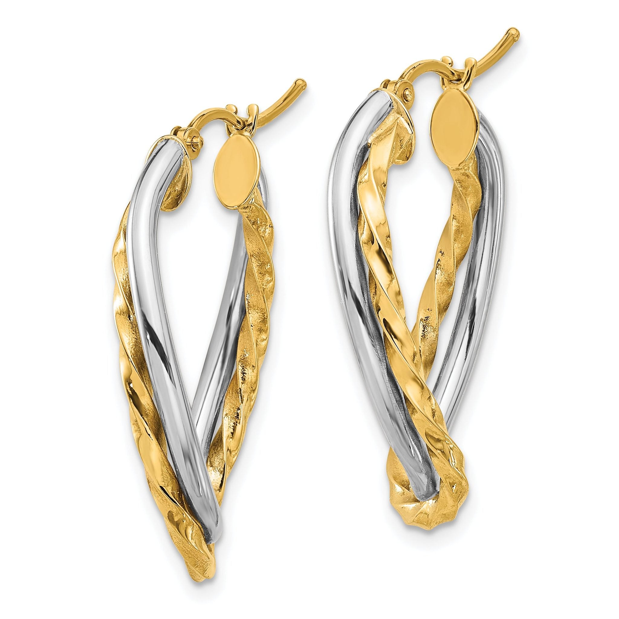14k Two-Tone Textured and Polished Twist Oval Hoop Earrings Secondary image