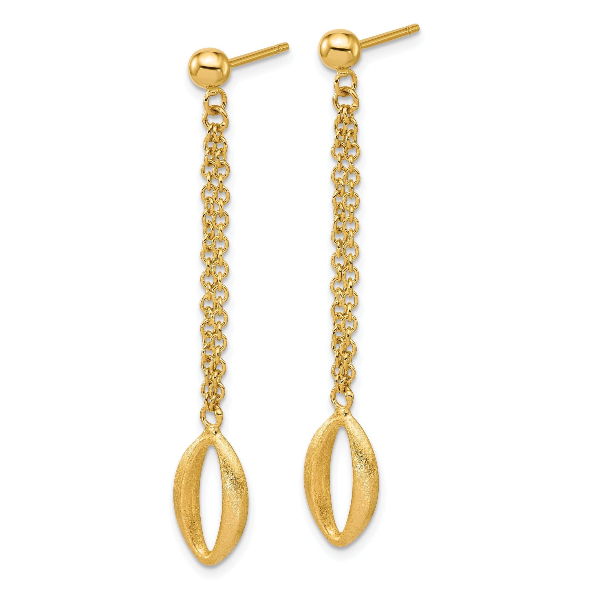 14K Polished and Brushed Navette Link Post Dangle Earrings
