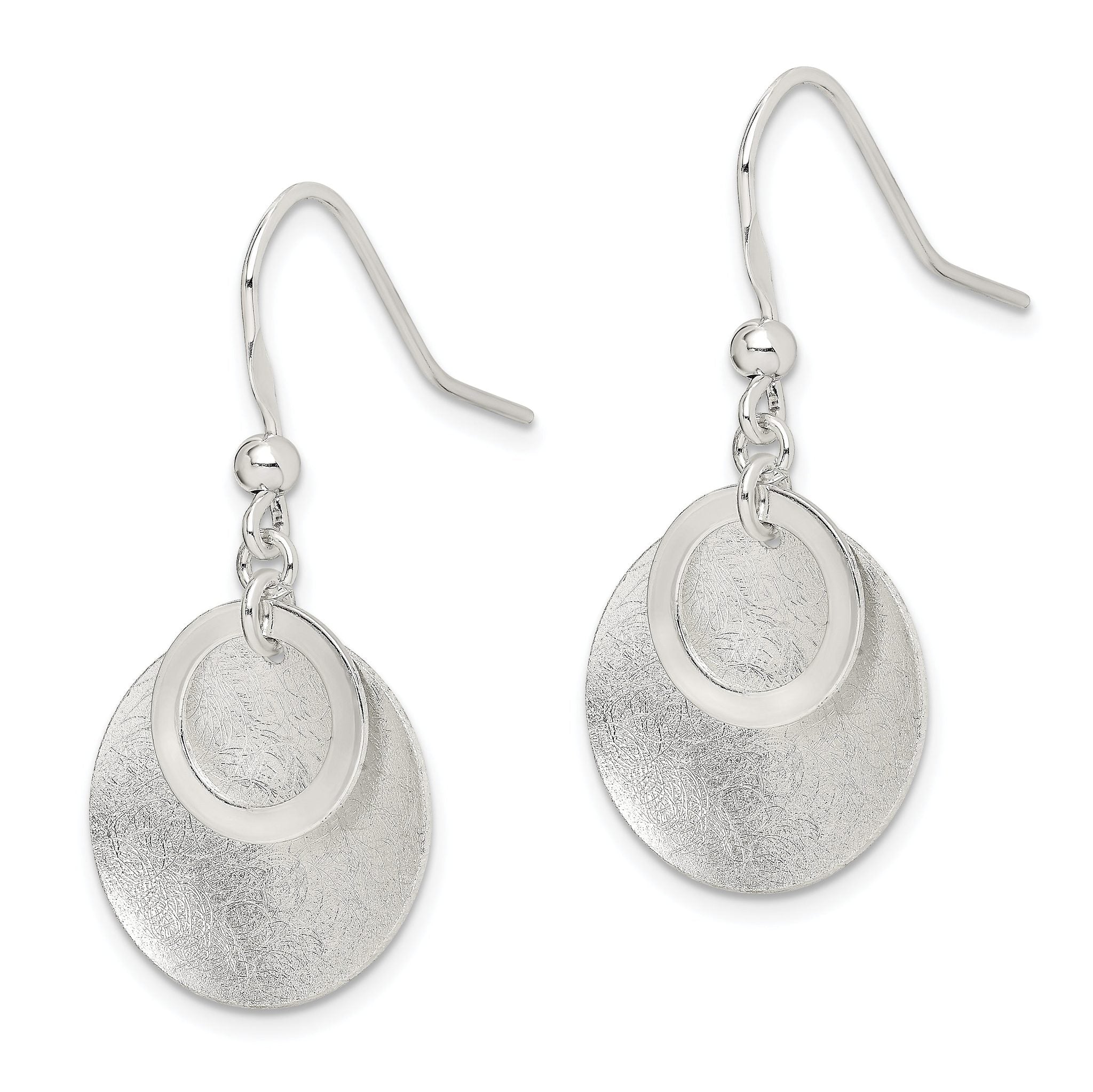 Sterling Silver Polished & Brushed Double Circle Dangle Earrings