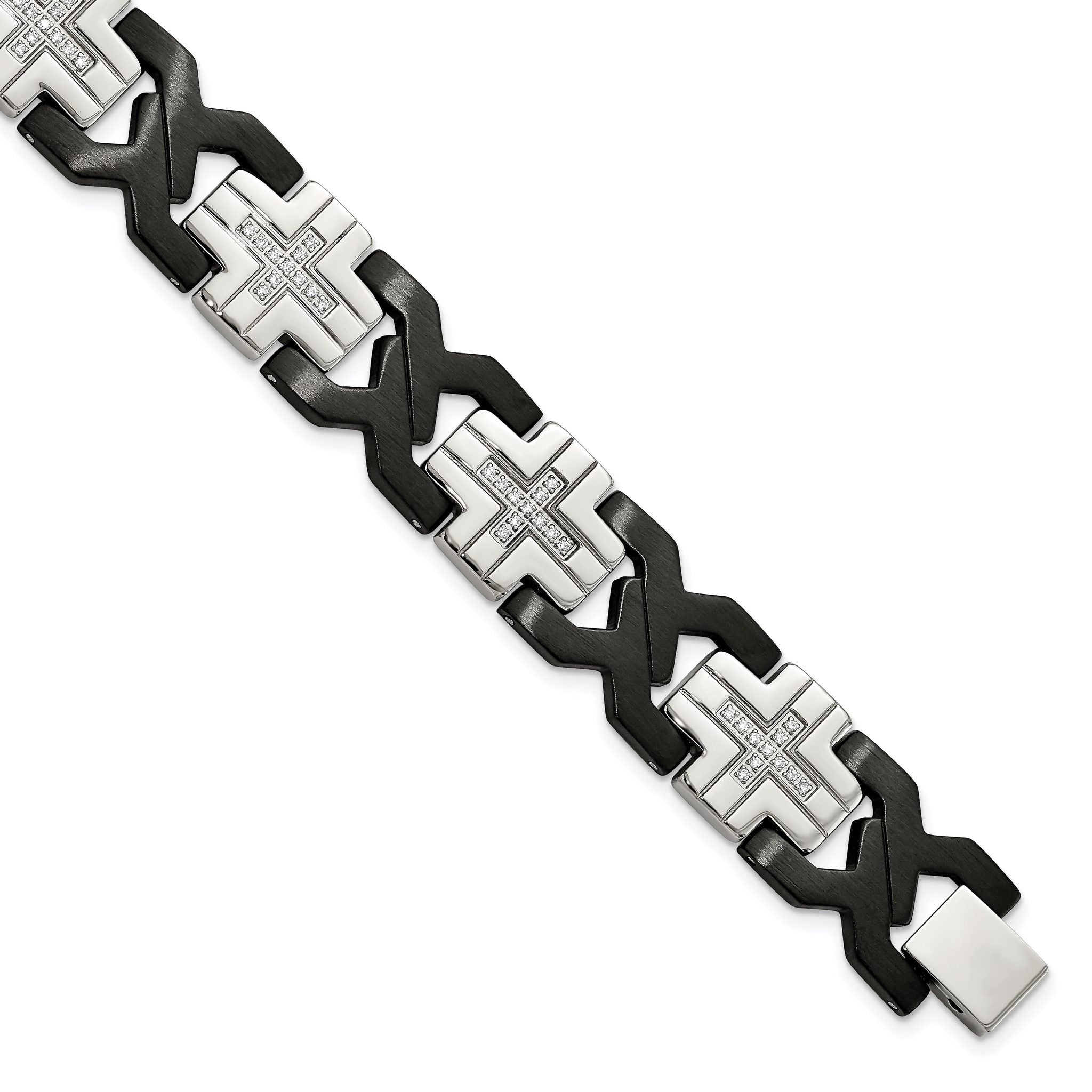 Stainless Steel Brushed and Polished Black IP-plated with Cubic Zirconia Cross Link Bracelet for Men Main image