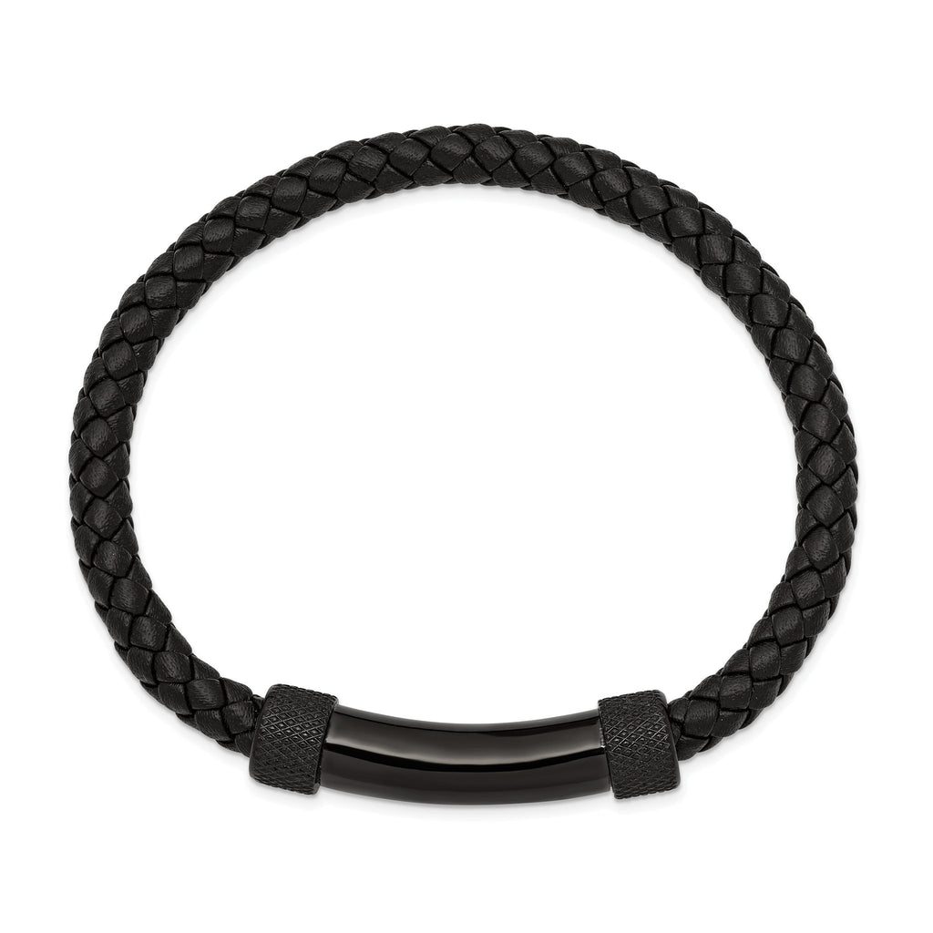 Stainless Steel Polished Black IP-plated Black Braided Leather Bracelet for Men