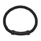 Stainless Steel Polished Black IP-plated Black Braided Leather Bracelet for Men