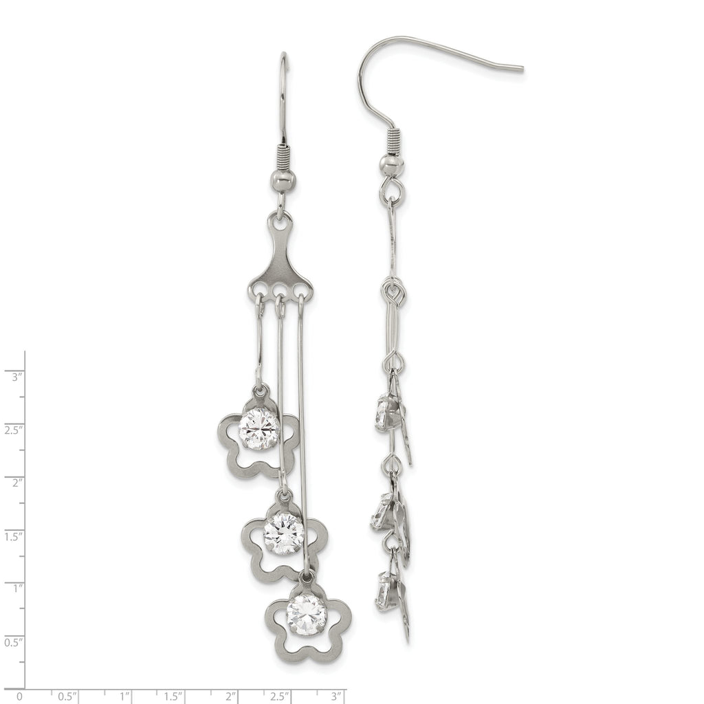 Stainless Steel Polished Flower Cubic Zirconia Drop Dangle Earrings for Women