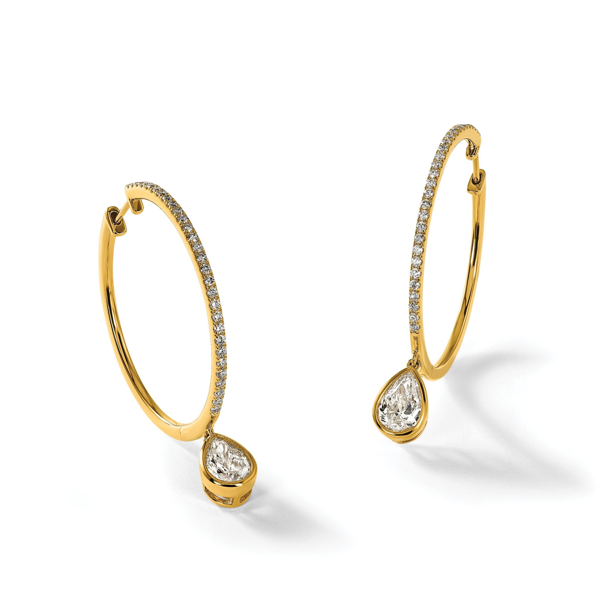 14ky Certified Pear Bezel Dangle Lab Grown Diamond VS+ F+ Hoop Earrings