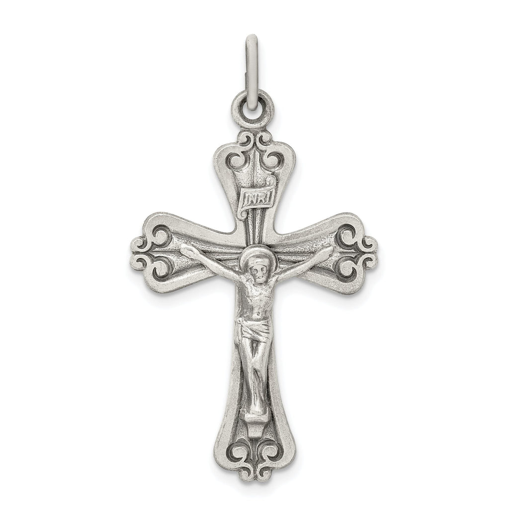 Sterling Silver 925 INRI Crucifix Pendant with Antiqued Brushed Finish