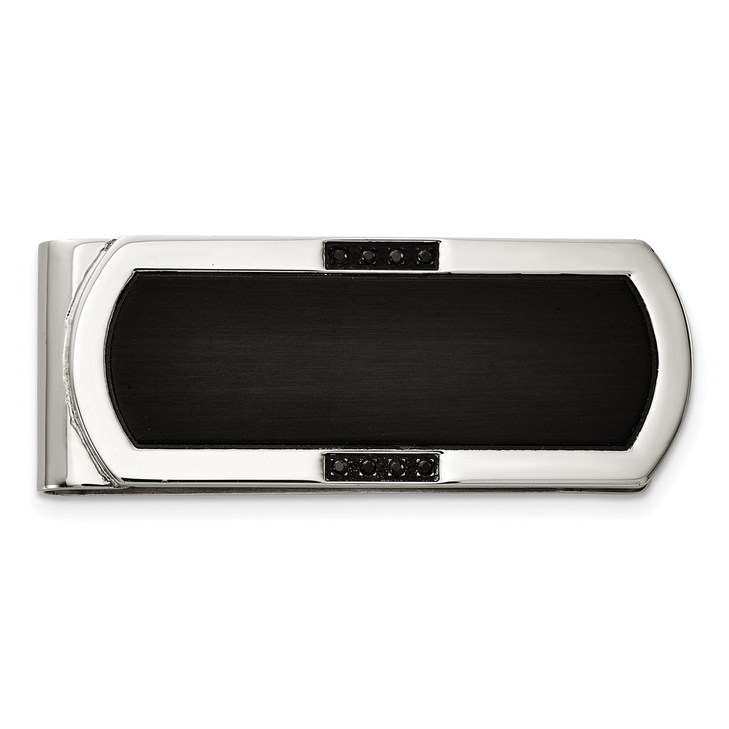 Chisel Stainless Steel Brushed and Polished Black IP-plated with Black CZ Money Clip