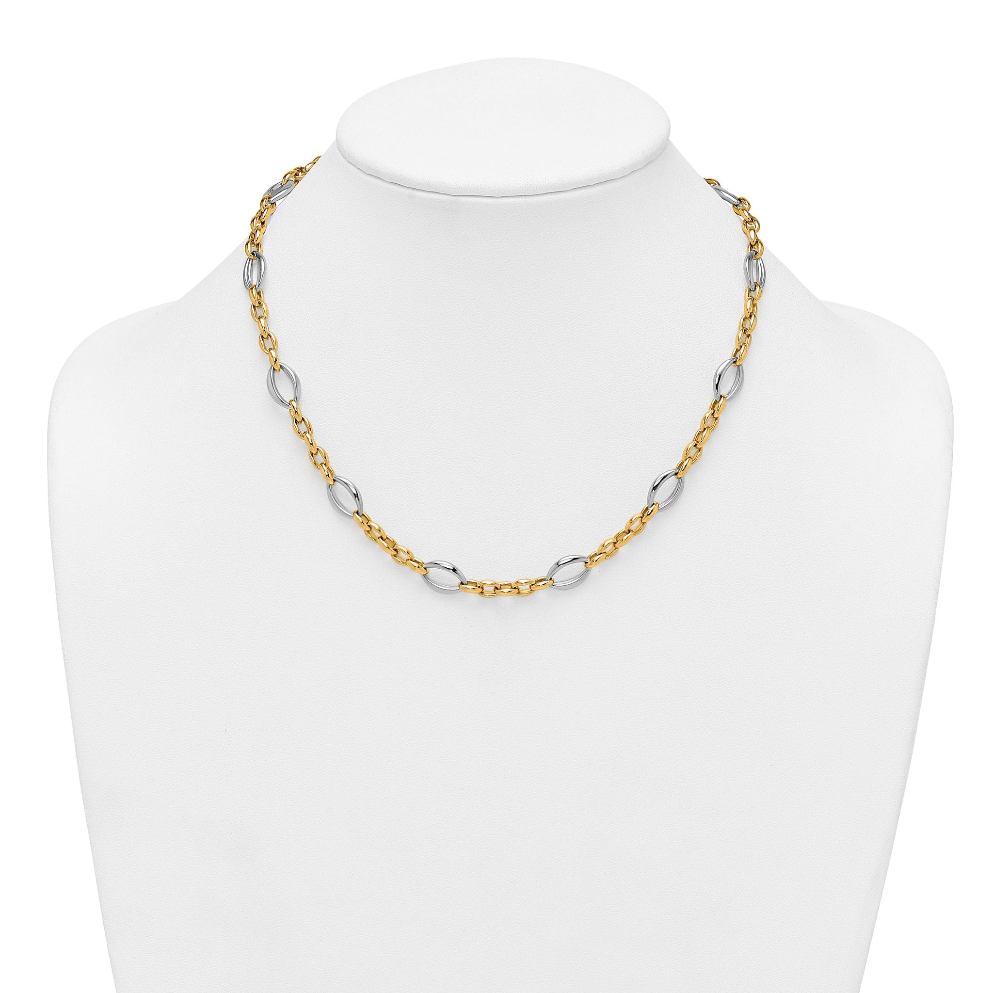 14k Two Tone Polished Oval and Cable Chain 18 inch Necklace