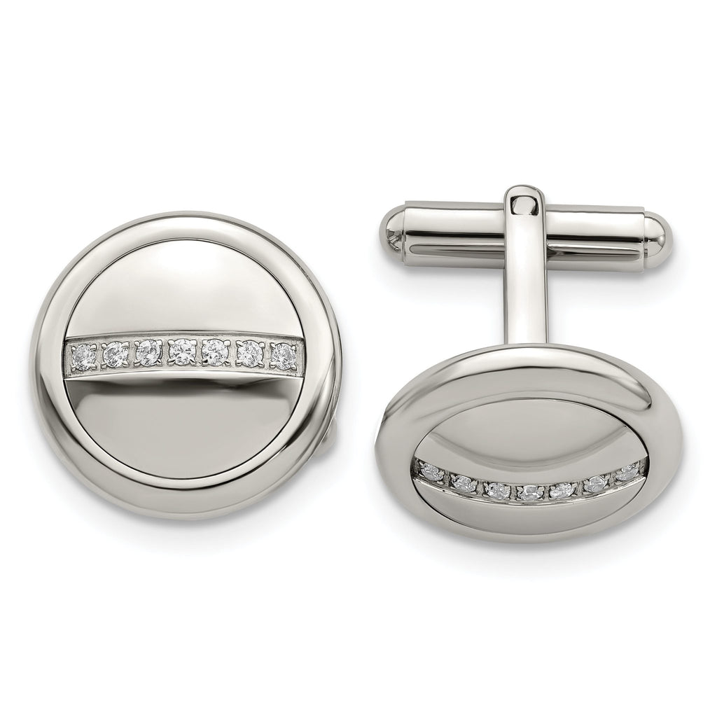 Polished Circle Cufflinks in Stainless Steel with CZ