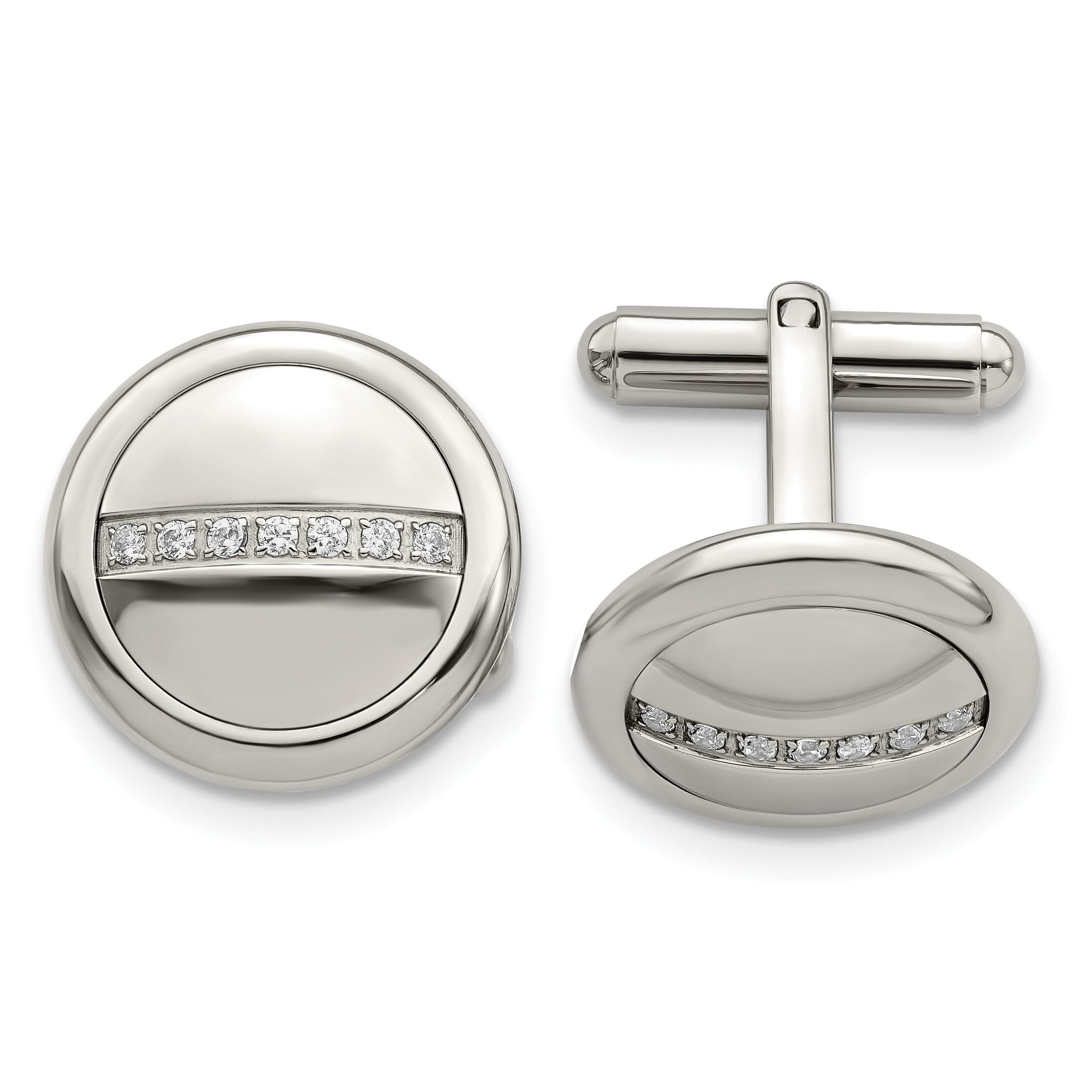 Polished Circle Cufflinks in Stainless Steel with CZ
