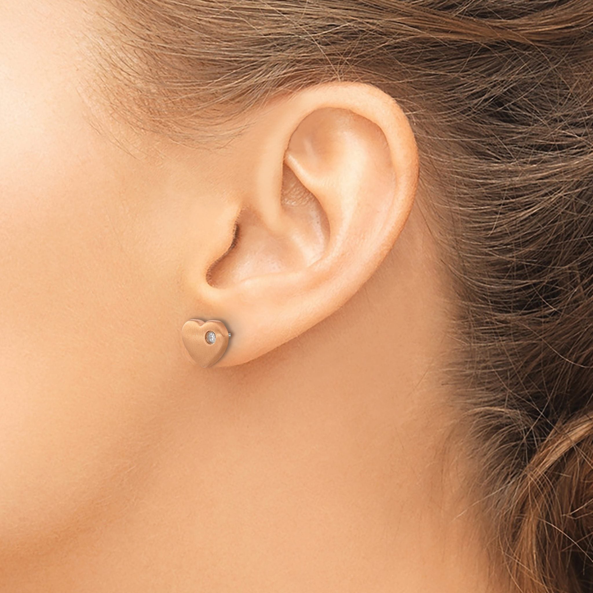 Titanium Rose Gold-Tone Polished & Brushed Heart Cubic Zirconia Button Earrings for Women