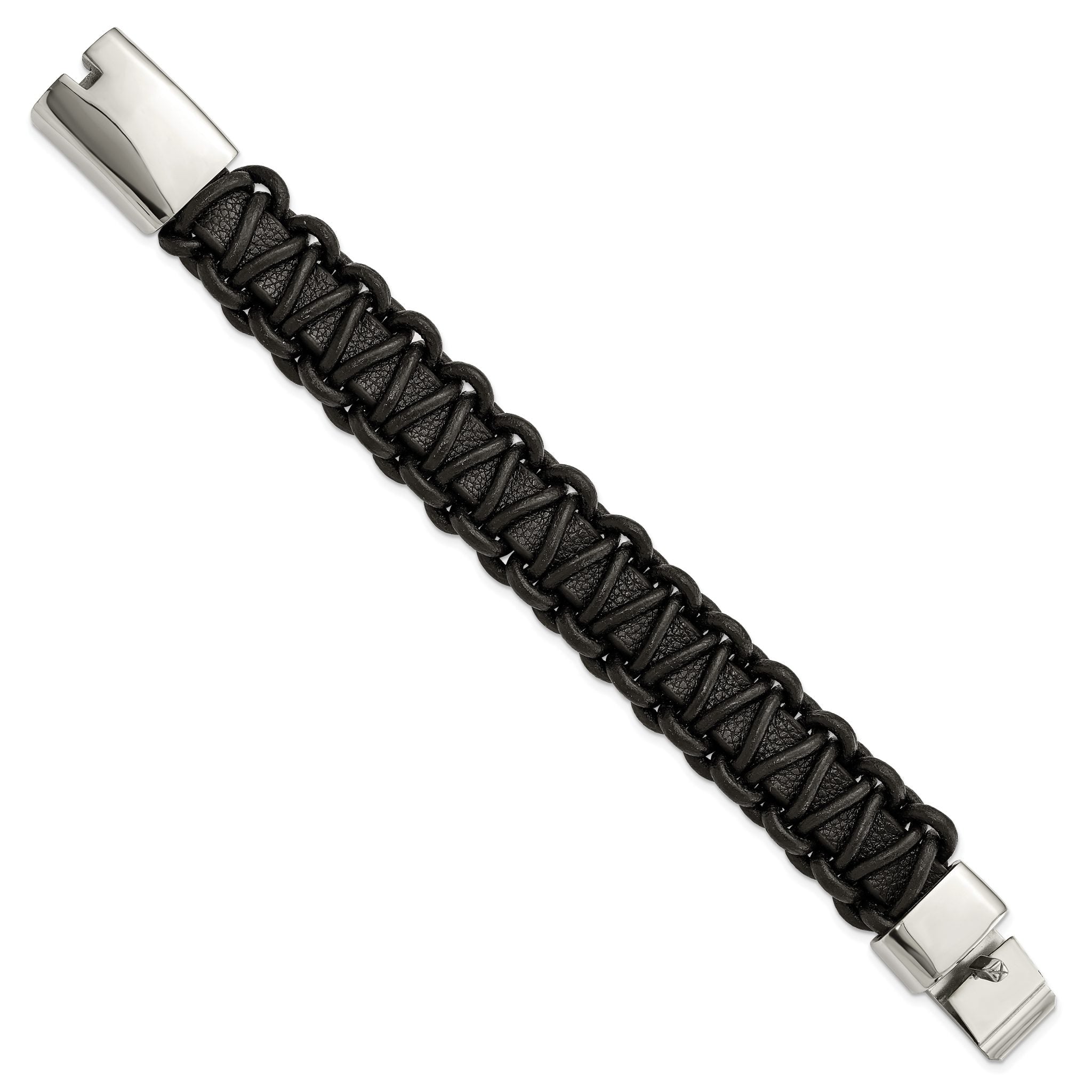 Stainless Steel Polished Rounded Braided Black Leather Bracelet for Men Secondary image