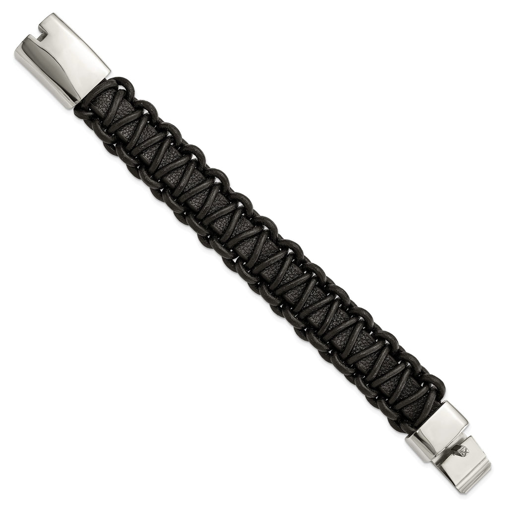 Stainless Steel Polished Rounded Braided Black Leather Bracelet for Men