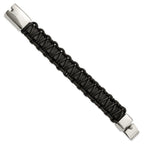 Stainless Steel Polished Rounded Braided Black Leather Bracelet for Men