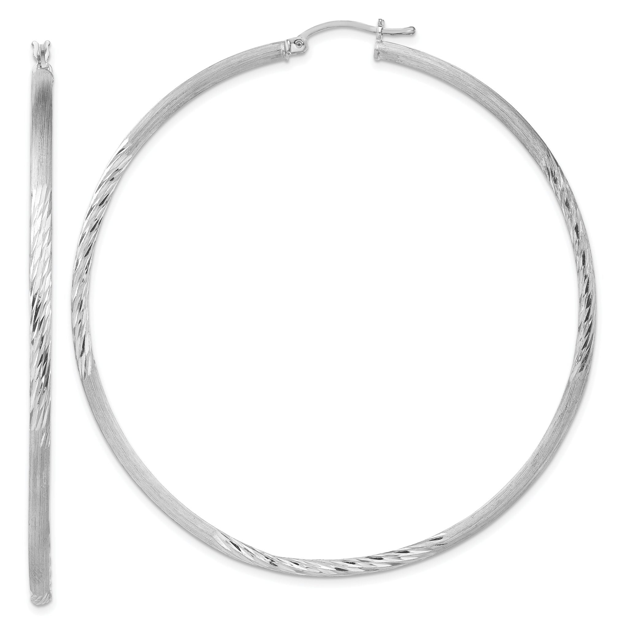 Sterling Silver Rhod-plated 2.5mm Polished/Satin Diamond-cut Hoop Earrings