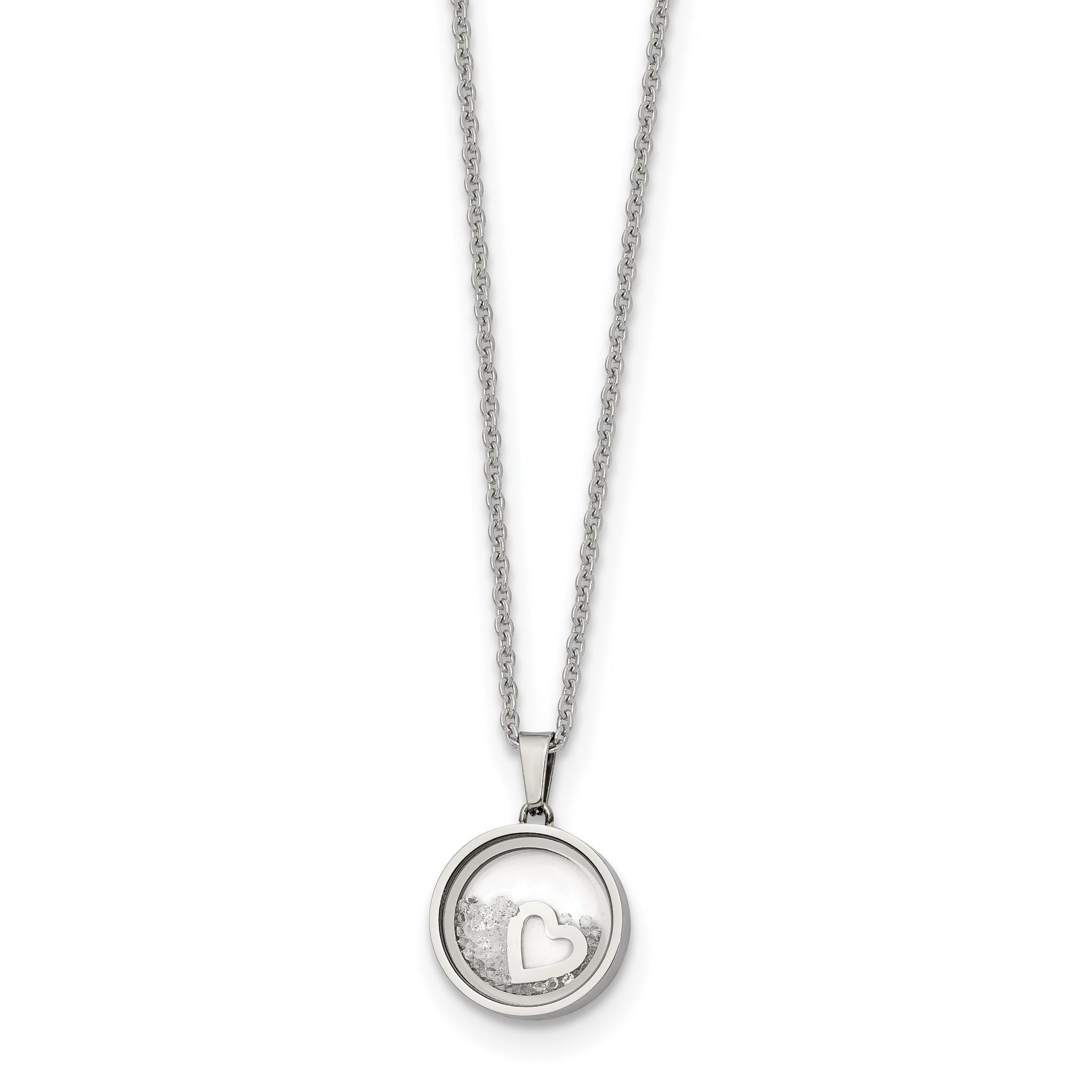 Chisel Stainless Steel Polished Floating Crystal Heart Pendant on a 16 inch Cable Chain with a 2 inch Extension Necklace Main image