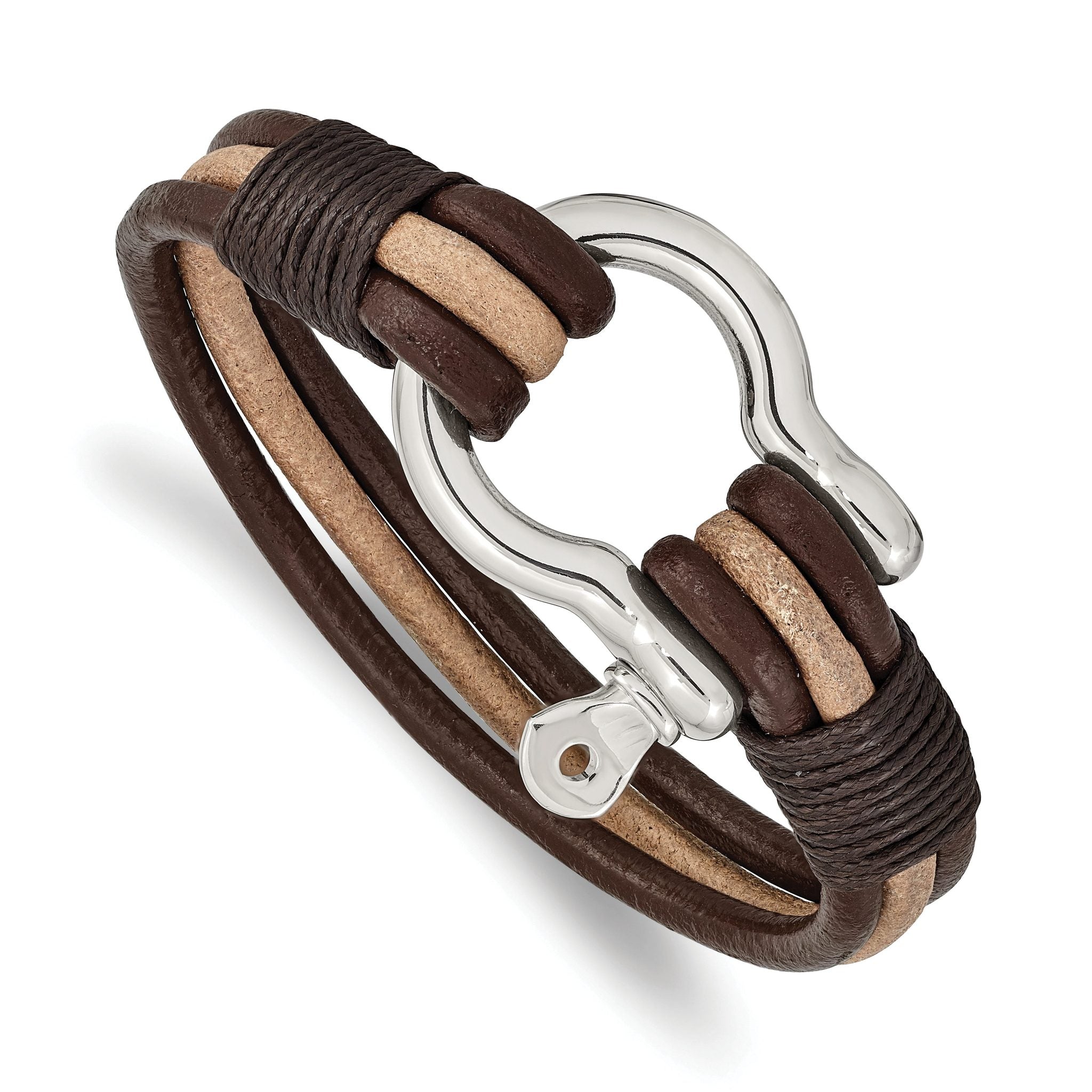 Stainless Steel Polished Shackle Multi Strand Dark Brown and Tan Leather Bracelet for Men