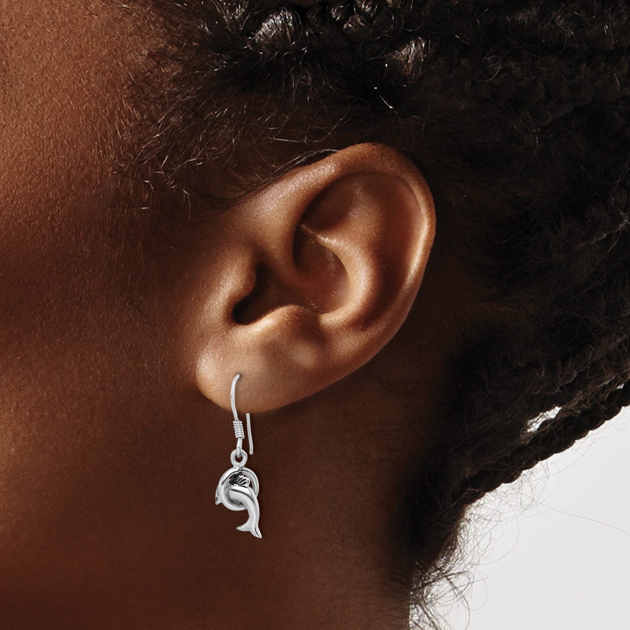 Sterling Silver Rhodium-plated Antiqued Dolphin Shepherd Hook Earrings