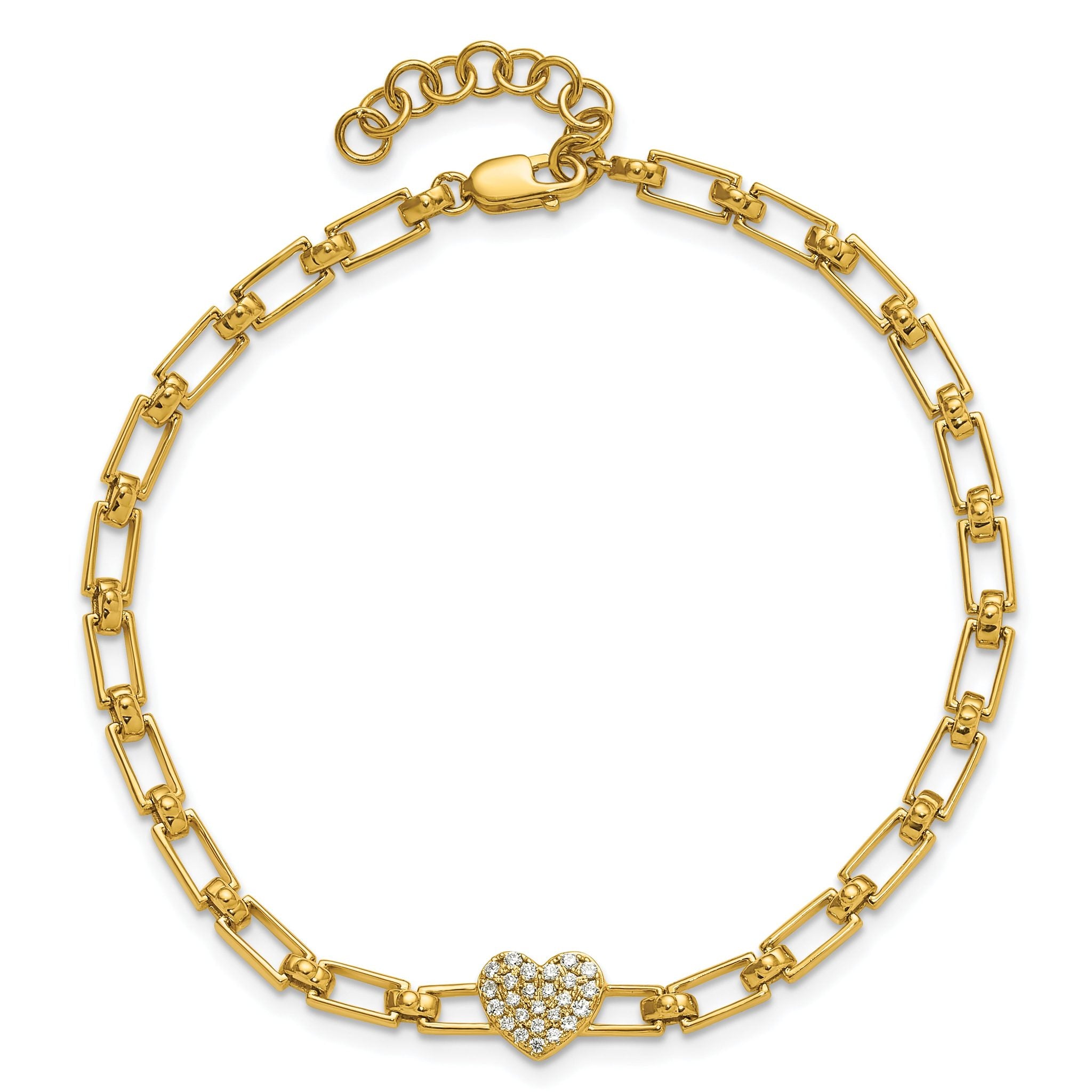 14K Polished Complete 1/6 carat Diamond Heart Cluster Fancy Link 7 inch Bracelet with 1 inch Extender