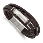Stainless Steel Brushed Multi Strand Brown PU Leather and Rubber ID Bracelet with . Extension