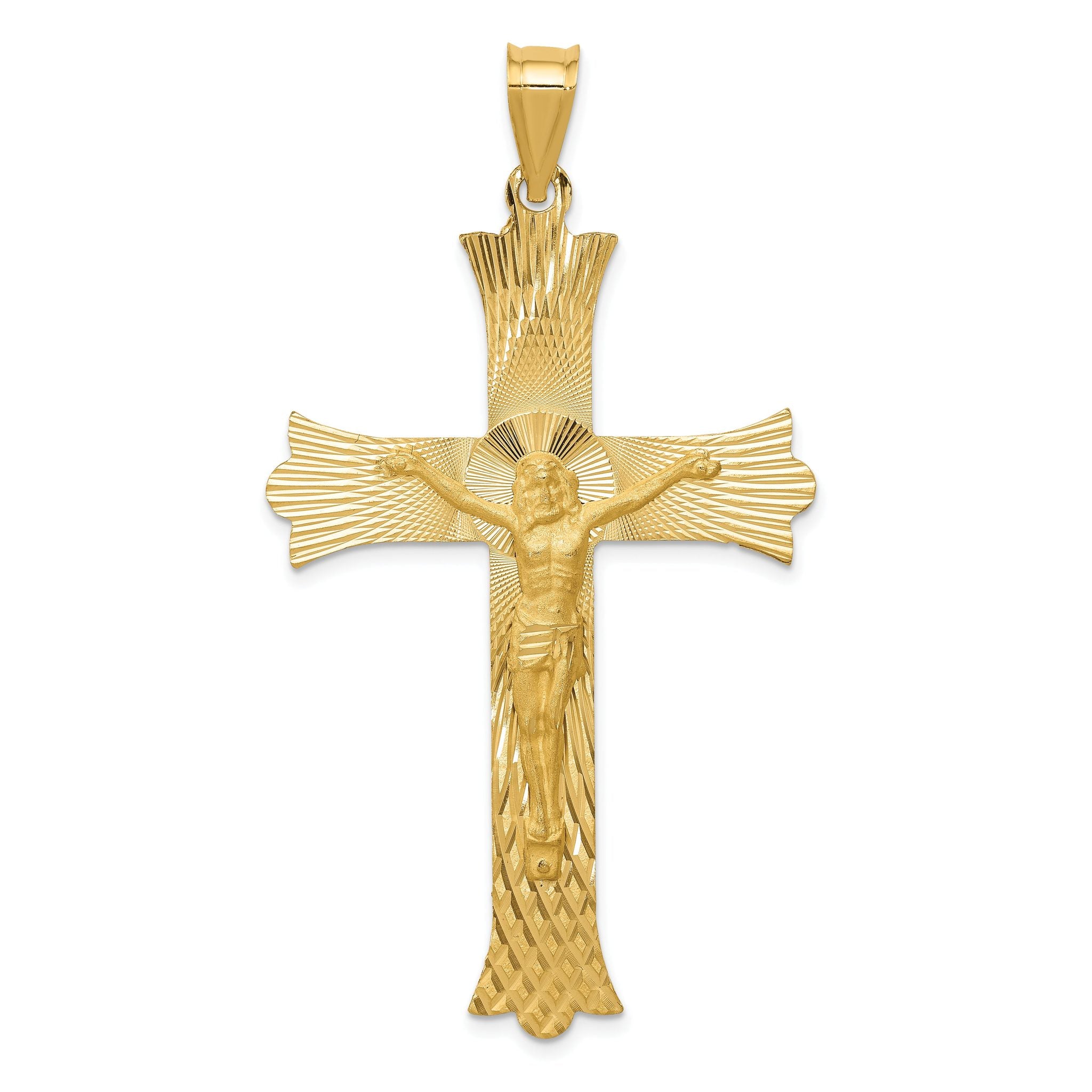 14K Gold Crucifix Cross Pendant with Polished, Satin, and Diamond-Cut Finish