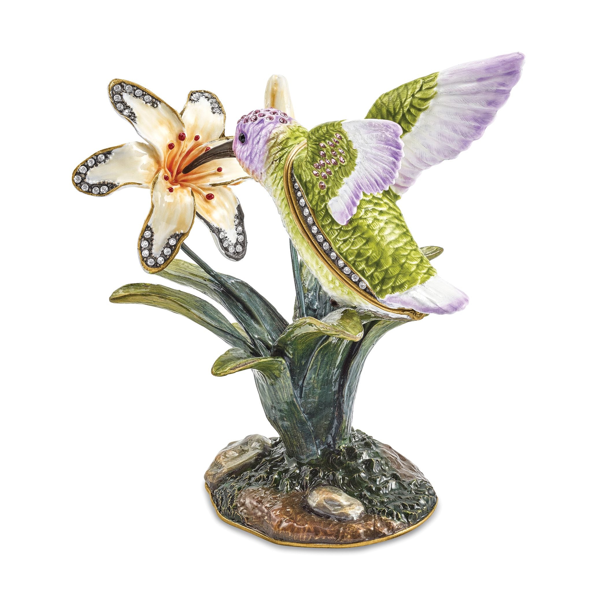 Luxury Giftware by Jere Pewter Bejeweled Crystals Gold-tone Enameled VIOLA Hummingbird & Daylily Trinket Box with Matching 18 Inch Necklace