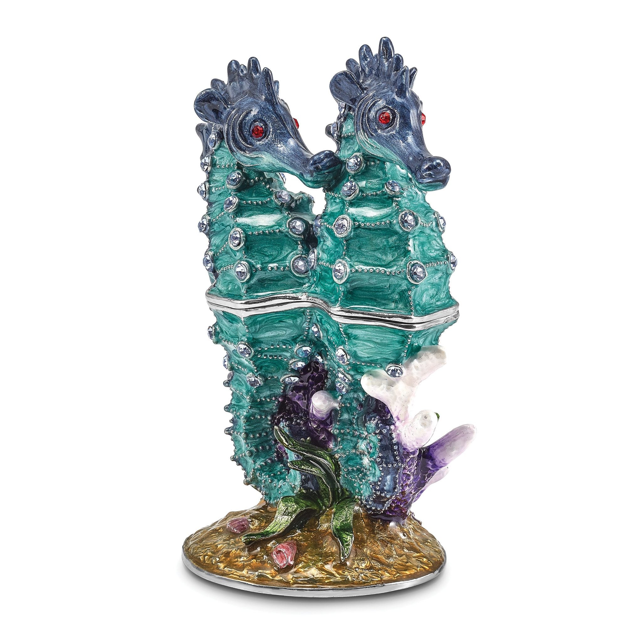 Luxury Giftware Pewter Bejeweled Crystals Silver-tone Enameled ECHO Twin Sea Horse Trinket Box with Matching 18 Inch Necklace Main image
