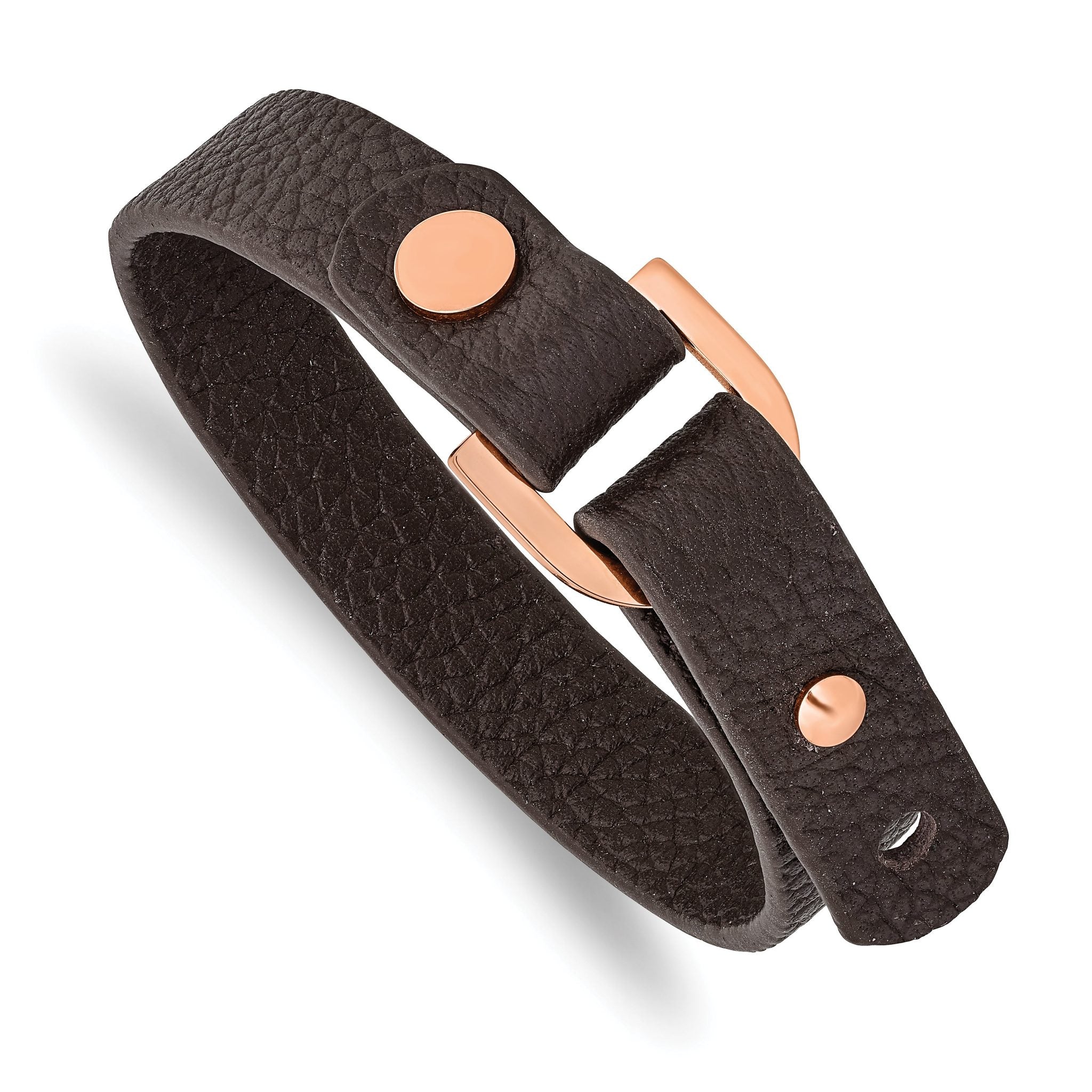 Stainless Steel Polished Rose IP Brown Leather Adjustable 8.5- Bracelet Main image