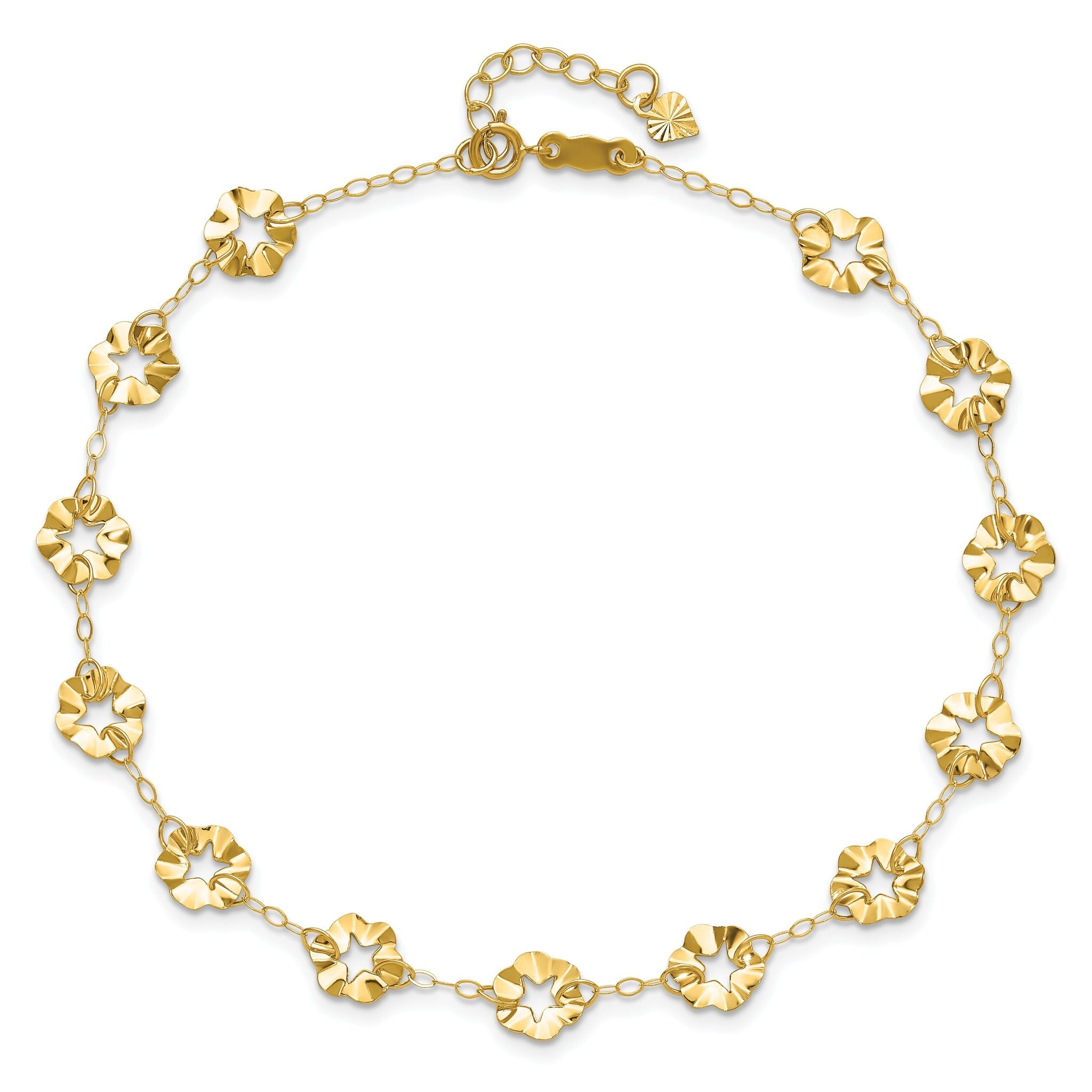 14k Ruffle Star Flowers 10 inch Plus 1 inch Extender - Total 11 inch Anklet