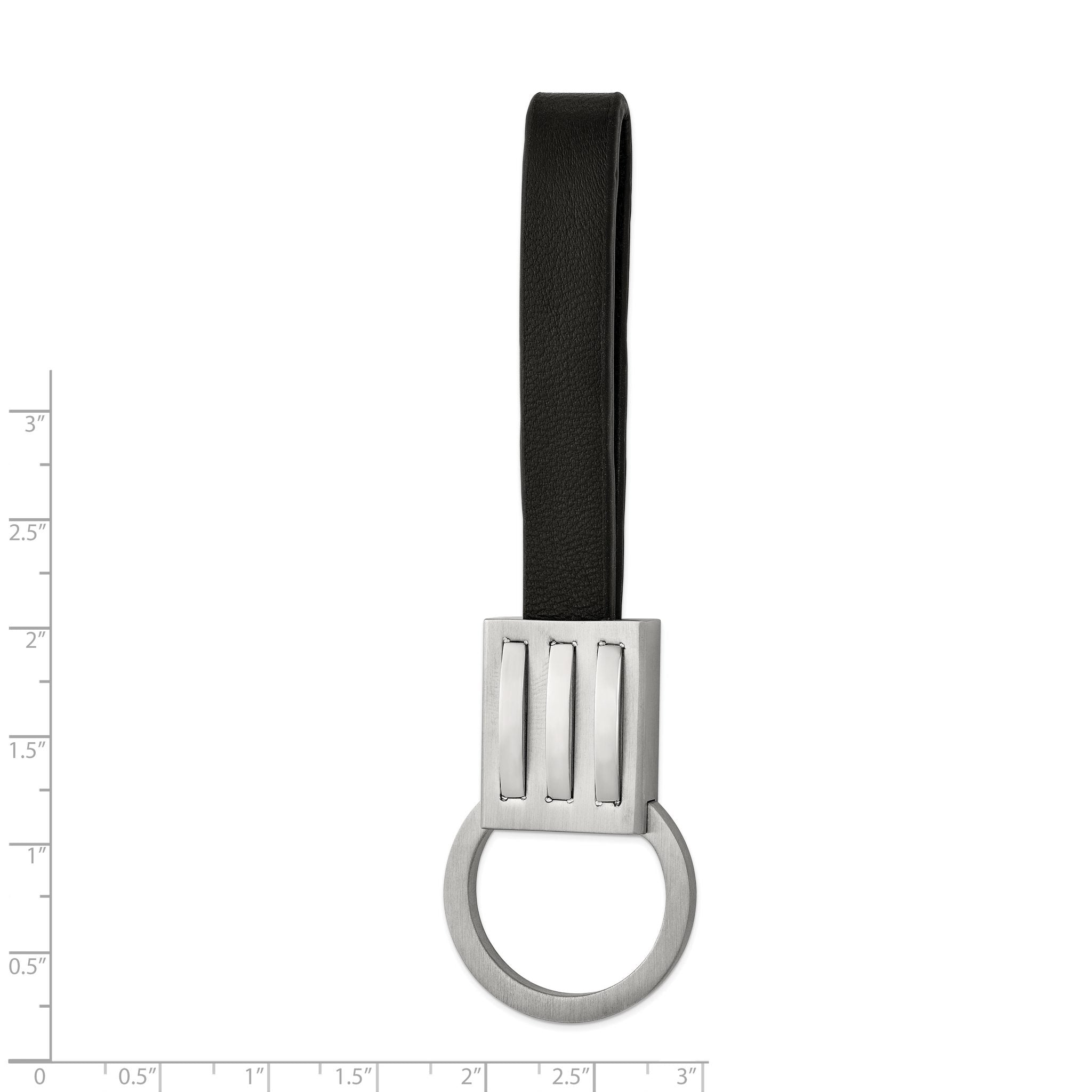Brushed & Polished Key Ring in Stainless Steel with Black Leather