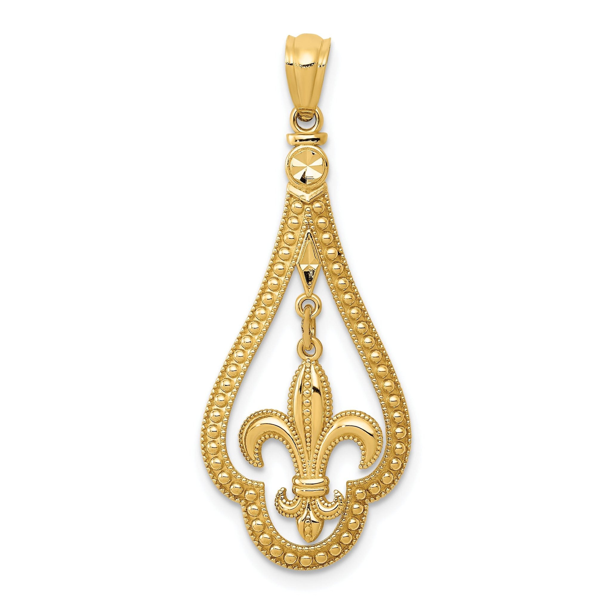 14K Gold Diamond-Cut Polished Fleur de Lis Dangle Pendant  Elegant, Moveable Design Main image