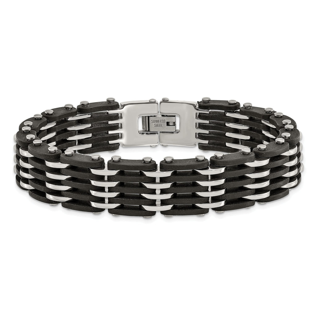 Stainless Steel Polished with Black Rubber Link Bracelet for Men