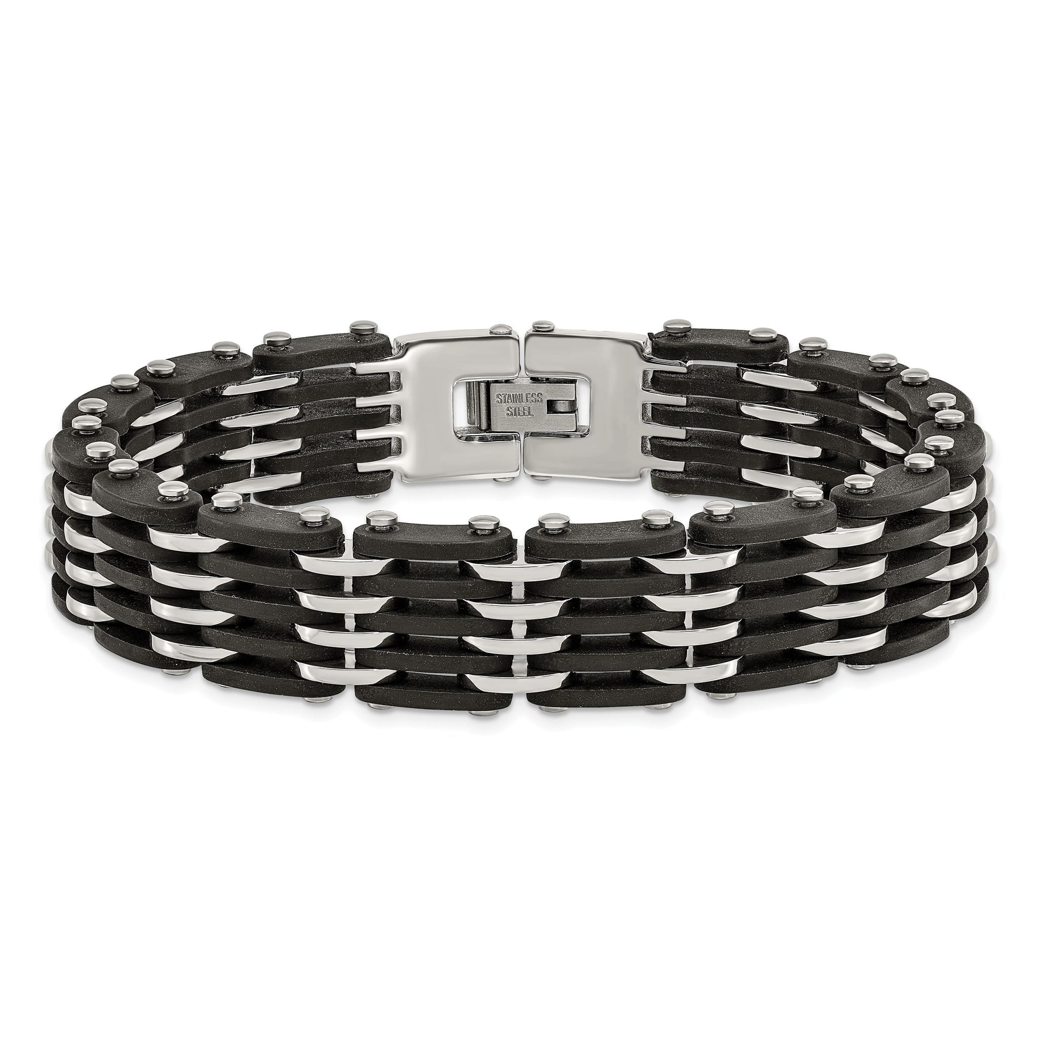 Stainless Steel Polished with Black Rubber Link Bracelet for Men