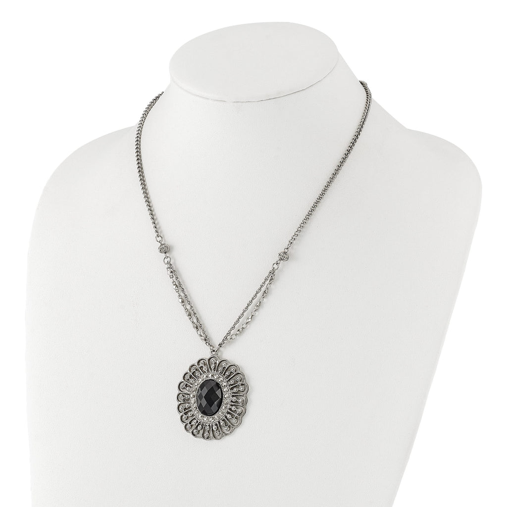 1928 Silver-tone Black Epoxy & Acrylic Fancy Bead With 3in ext. Necklace