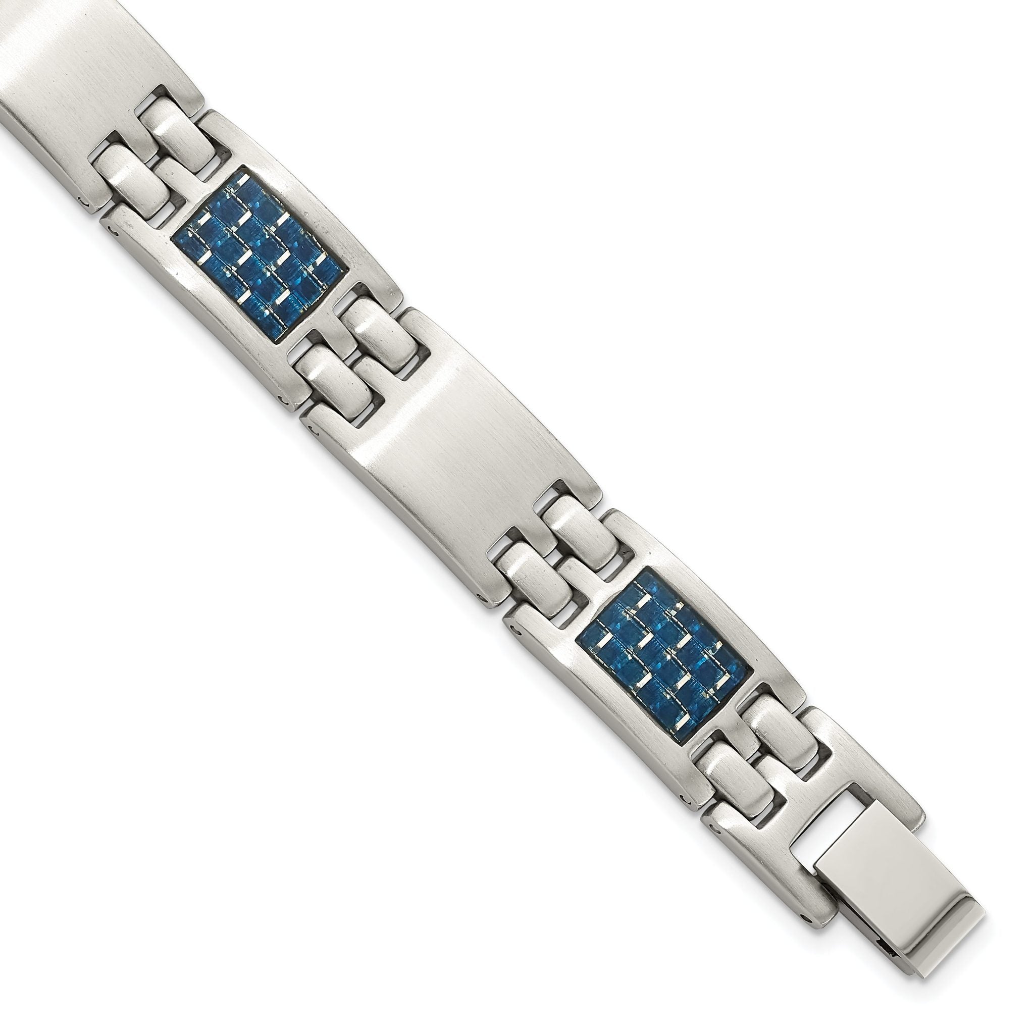 Stainless Steel Brushed with Blue Carbon Fiber Inlay Link Bracelet for Men