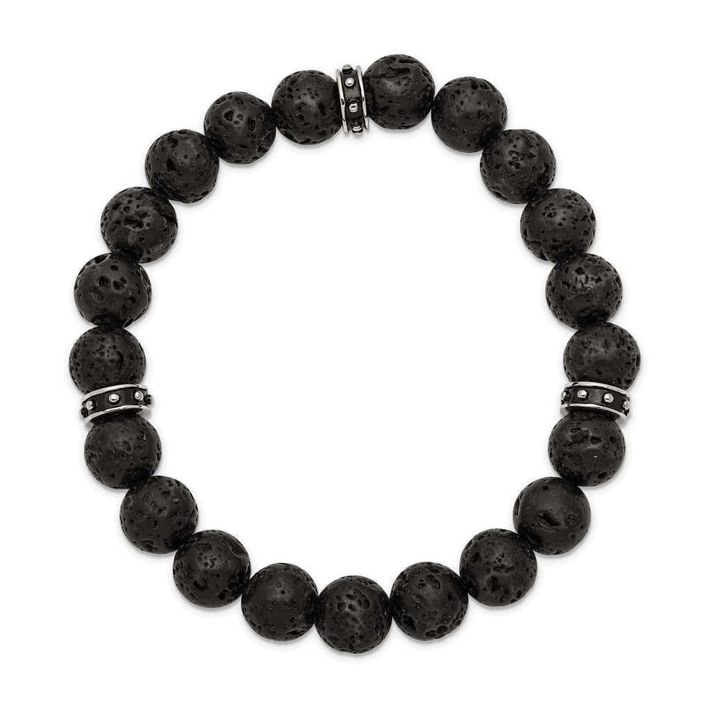 Stainless Steel Polished Black Enamel 10.5mm Lava Stone Beaded Stretch Bracelet for Men