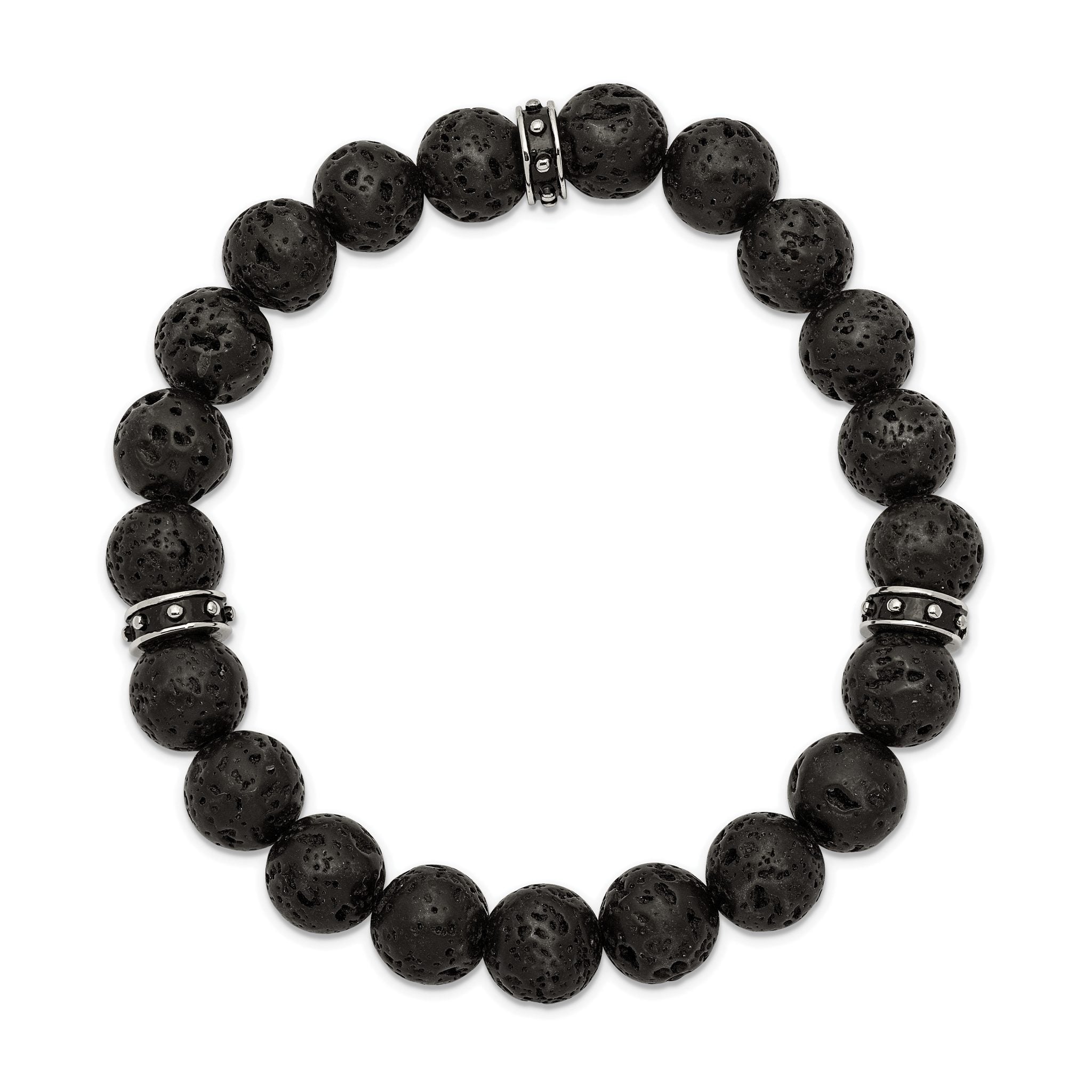Stainless Steel Polished Black Enamel 10.5mm Lava Stone Beaded Stretch Bracelet for Men