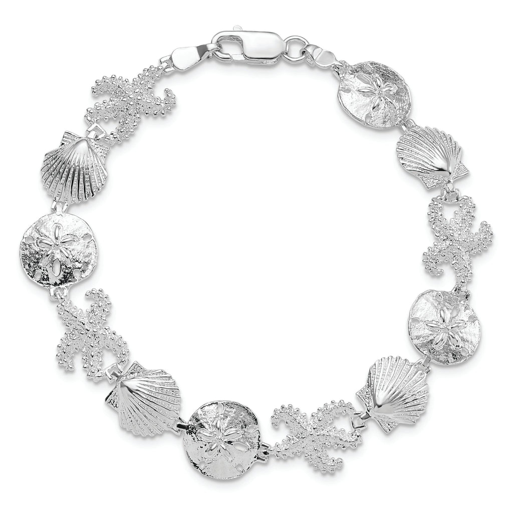 De-Ani Sterling Silver Rhodium-Plated Polished Starfish / Shell / Sand Dollar Bracelet
