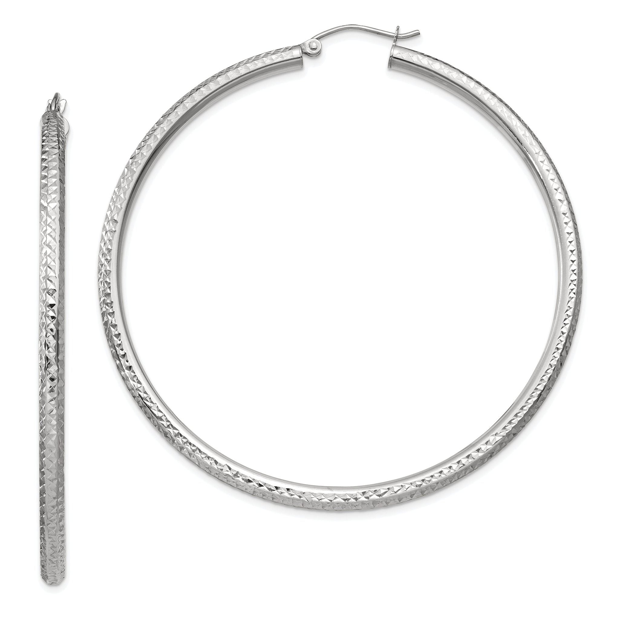 14k White Gold Diamond-cut 3mm Round Hoop Earrings Main image