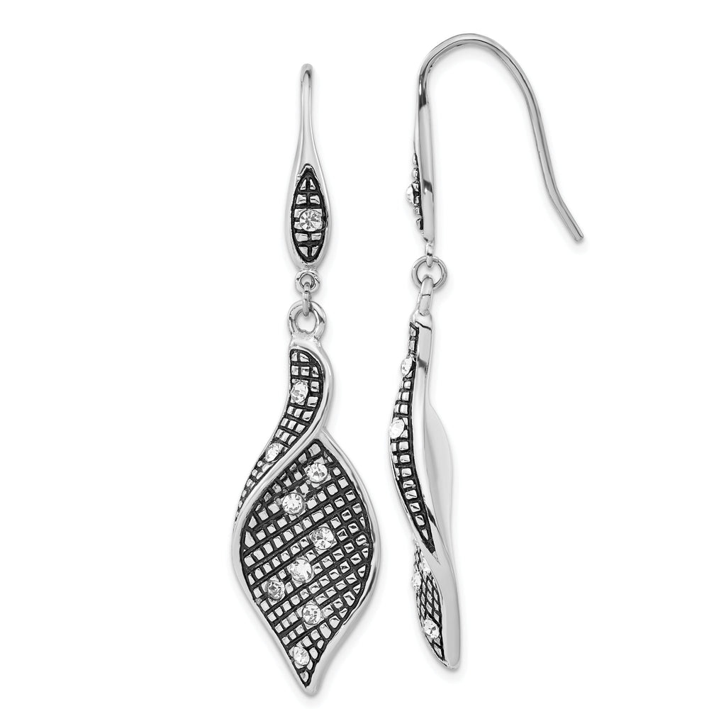 Stainless Steel Polished & Antiqued Crystal Drop Dangle Earrings for Women