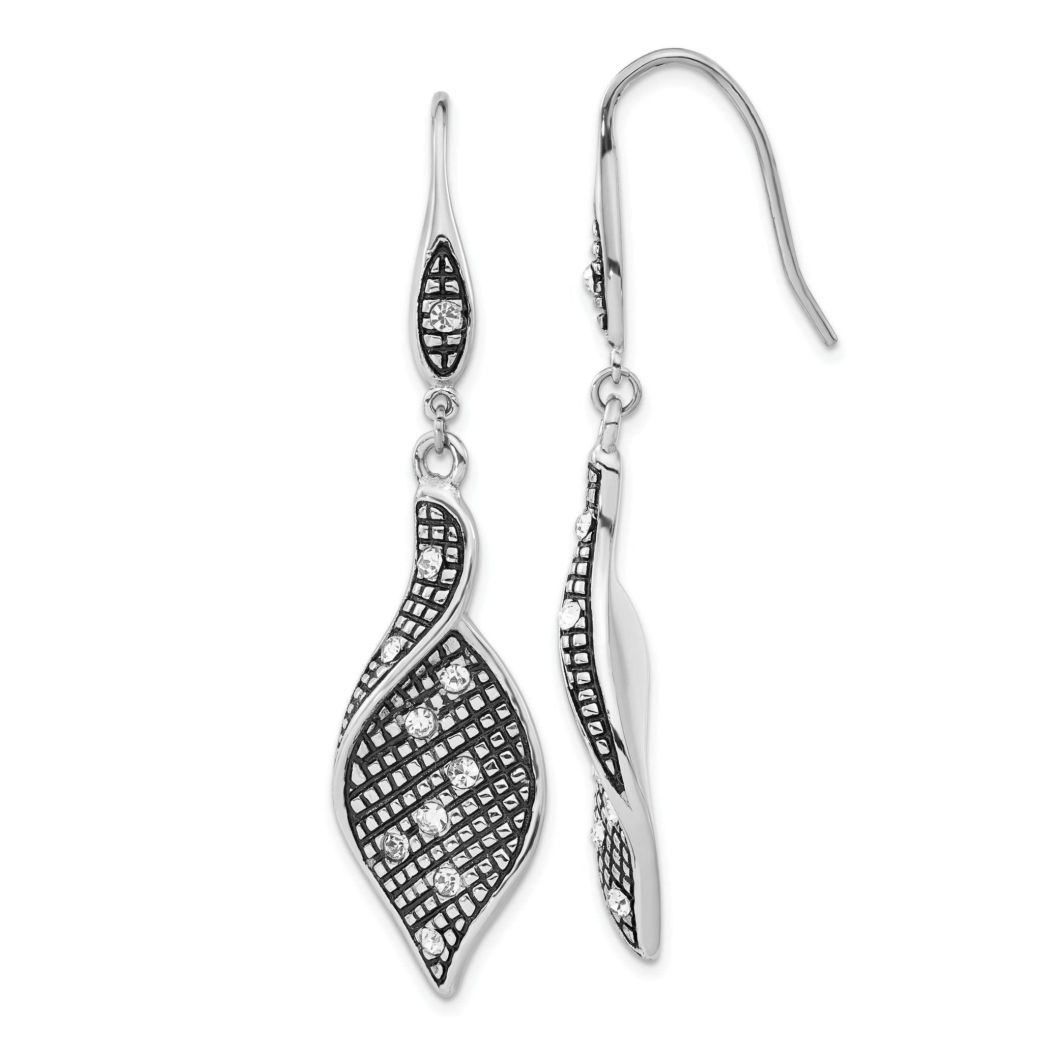 Stainless Steel Polished & Antiqued Crystal Drop Dangle Earrings for Women