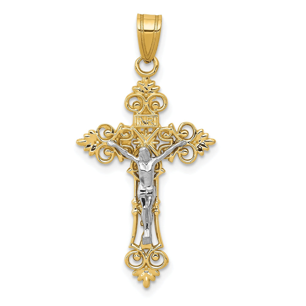 14K Two-Tone Gold Inri Crucifix Pendant with Lacy-Edge Design 35mm