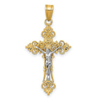 14K Two-Tone Gold Inri Crucifix Pendant with Lacy-Edge Design 35mm