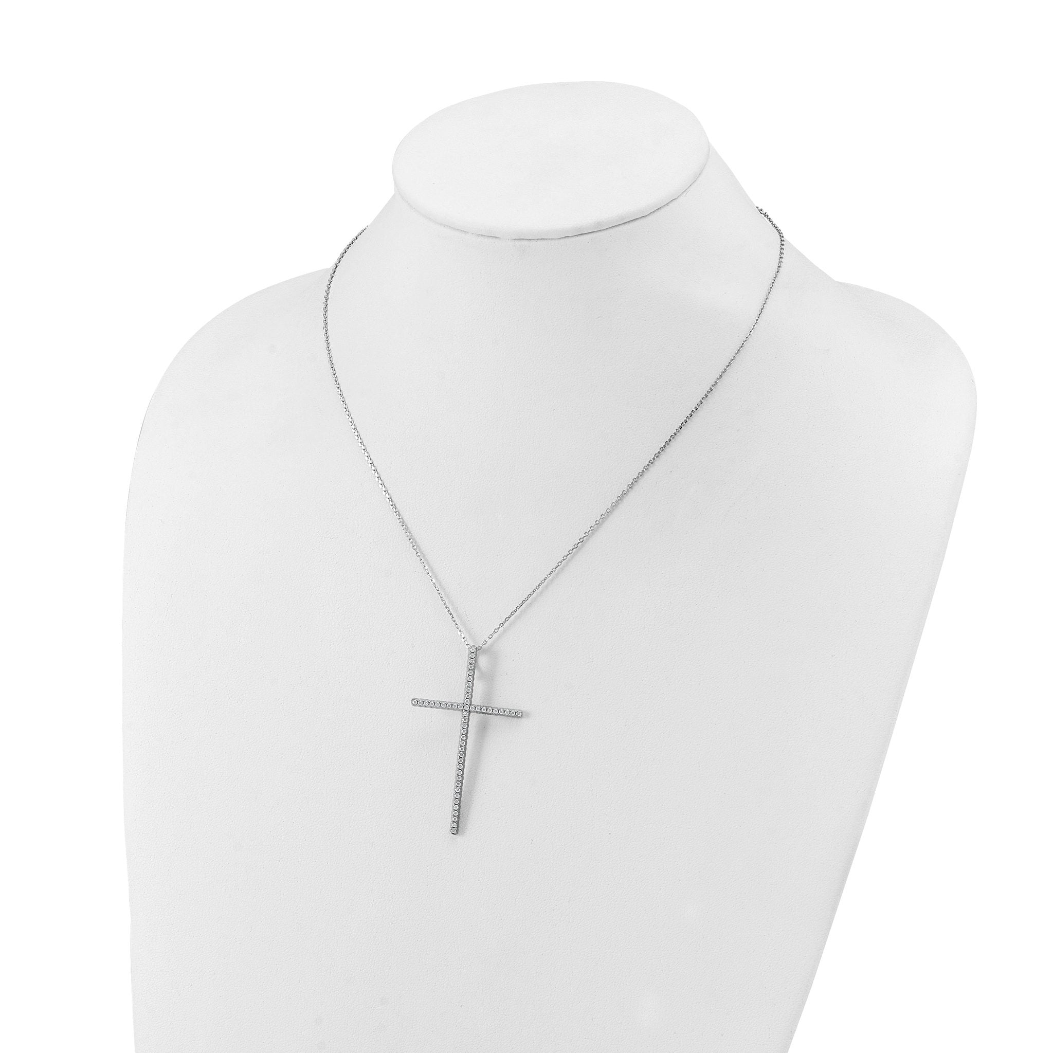 Sterling Shimmer Sterling Silver Rhodium-plated 1.3mm CZ 50 Stone Cross 16 inch with 2 inch Extension Necklace