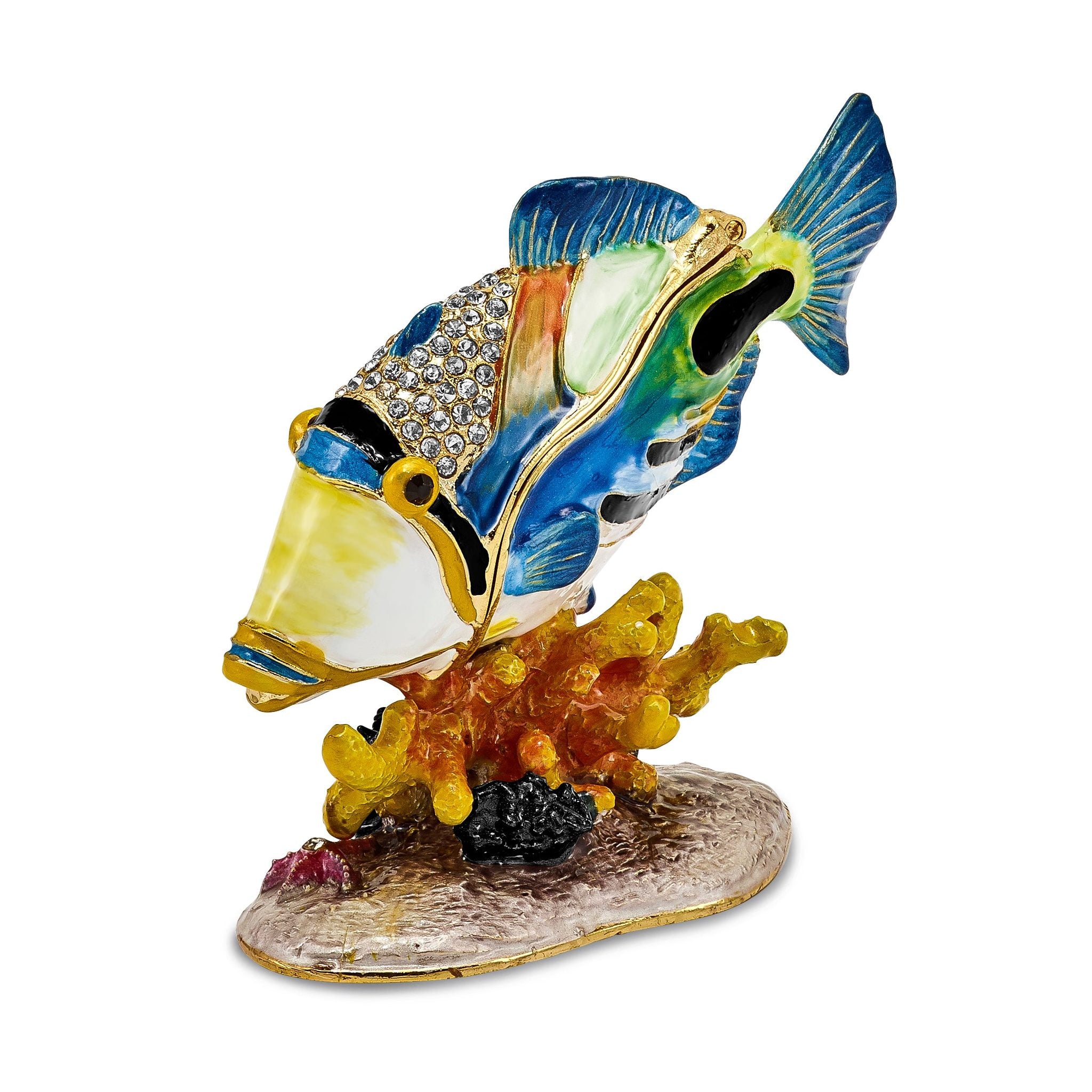 Luxury Giftware by Jere Pewter Bejeweled Crystals Gold-tone Enameled TRIGGER Humu Humu Fish Trinket Box with Matching 18 Inch Necklace Main image