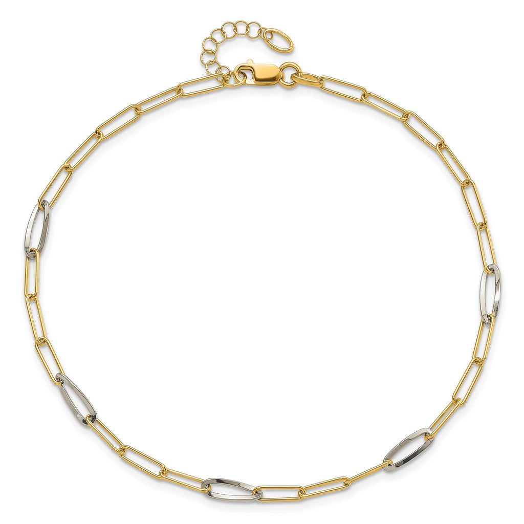 14K Two-tone Paperclip Link 9 inch Plus 1 inch Extender - Total 10 inch Anklet