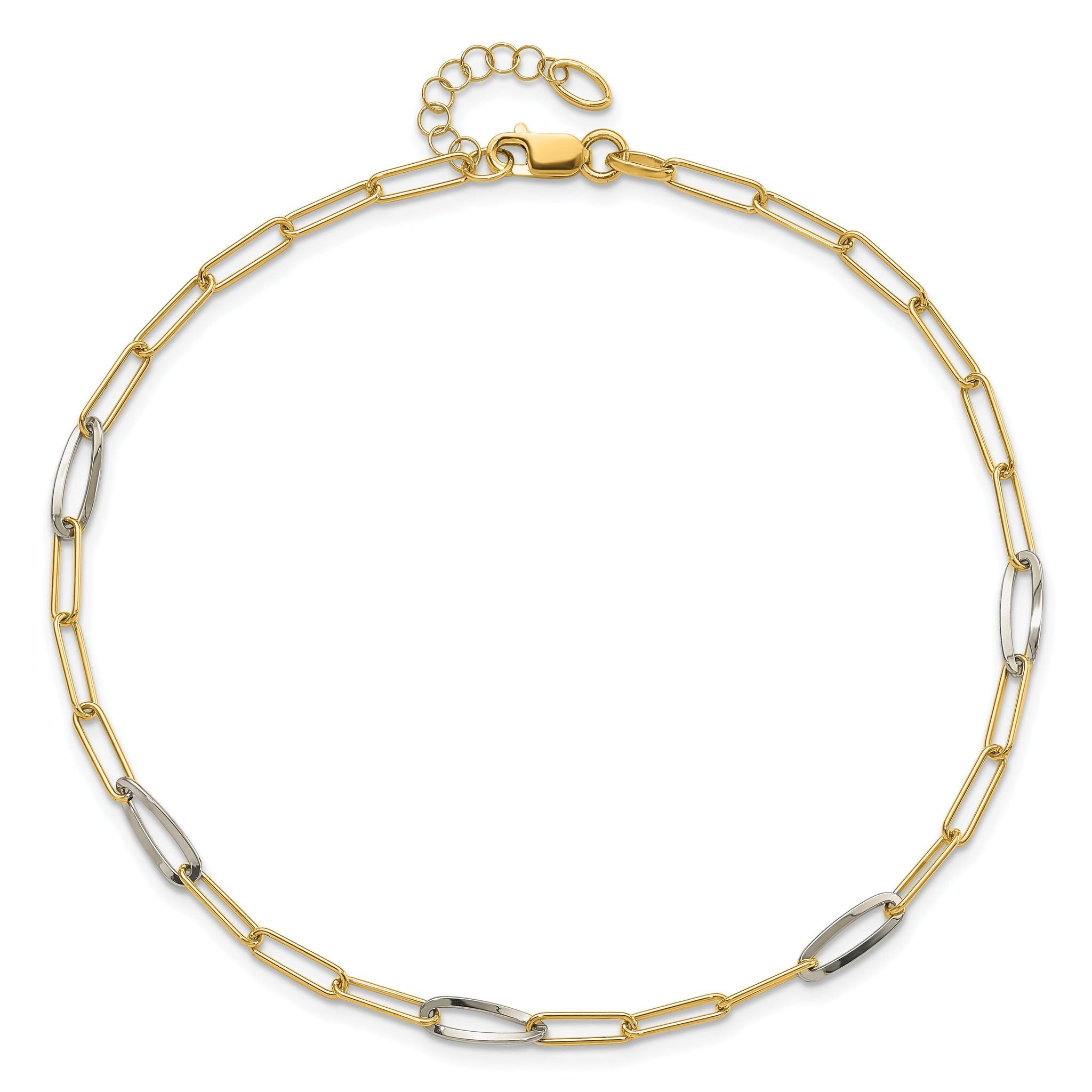 14K Two-tone Paperclip Link 9 inch Plus 1 inch Extender - Total 10 inch Anklet