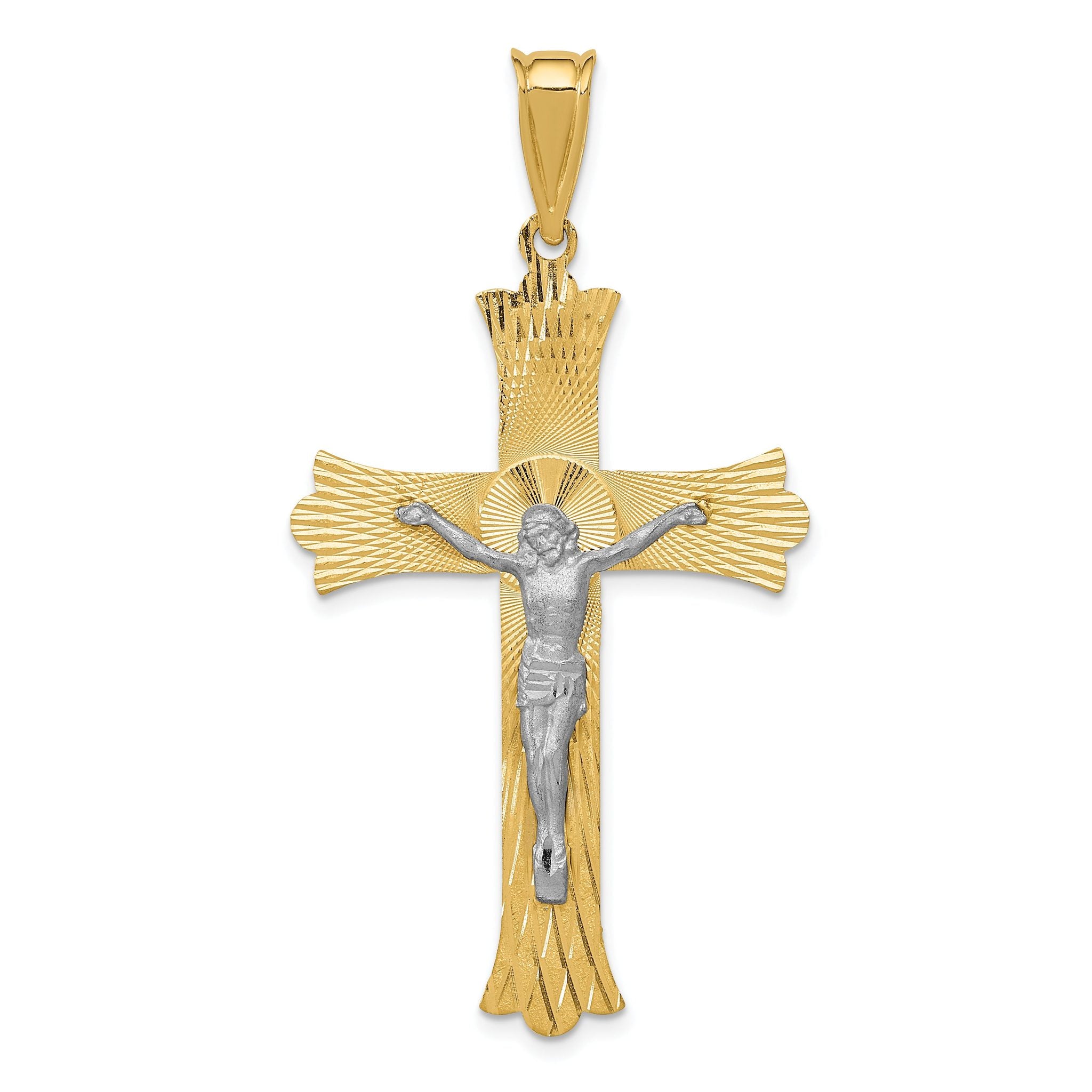 14K Two-Tone Gold Crucifix Pendant with Polished Satin Finish Elegant Religious Jewelry