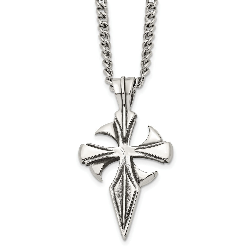 Stainless Steel Dagger Cross Pendant Necklace with Polished Antiqued Finish