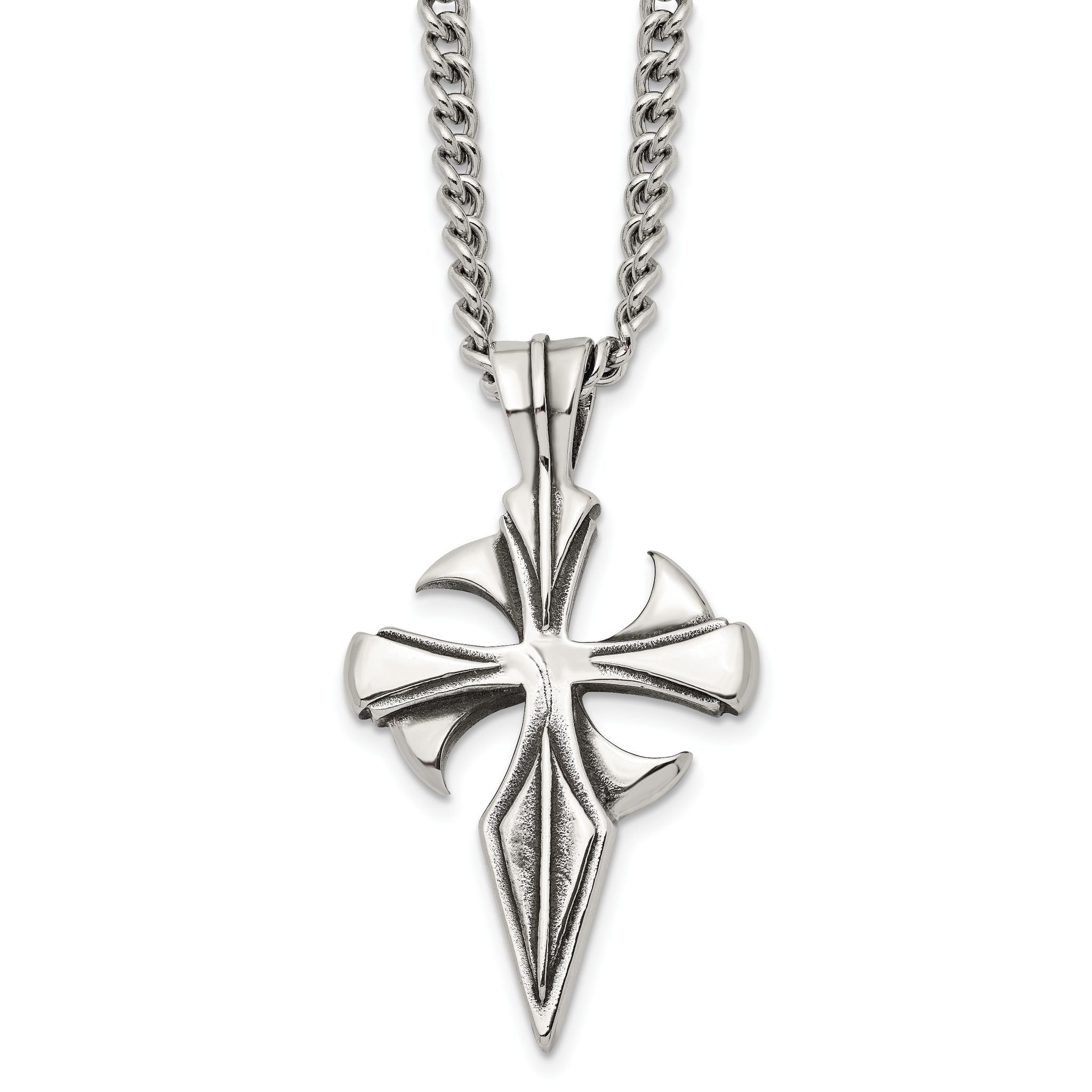 Stainless Steel Dagger Cross Pendant Necklace with Polished Antiqued Finish